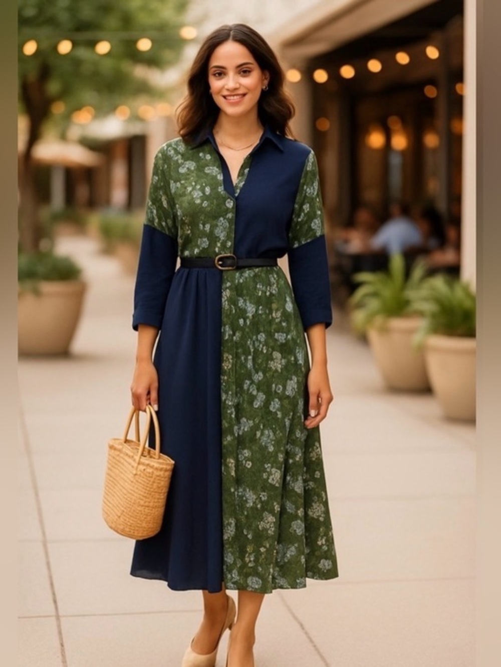 Pamela Love Floral Colorblock Midi Dress | Patchwork Green & Navy XS EUC #2062
